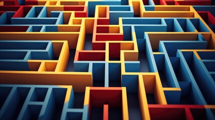 A colorful abstract maze with yellow, blue, and red walls creates a visually stimulating and intriguing pattern.