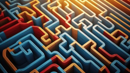 A colorful maze with blue, yellow, and red walls creates a visually appealing and intricate pattern.