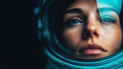 A focused woman, wearing a space suit, stares intently with a thought-provoking gaze, her freckles highlighted by the helmet's reflection, evoking curiosity and wonder.