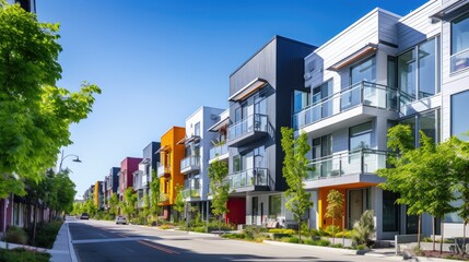 Obraz premium A row of modern townhouses with colorful facades line a quiet street.