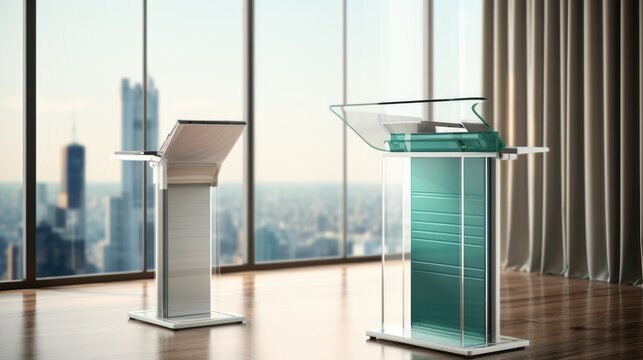 Two modern podiums stand in a room with a city view. One is glass and the other is metal.