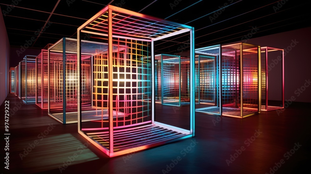 Poster a series of colorful, illuminated, geometric structures create a mesmerizing optical illusion in a d