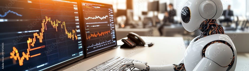 Poster a robotic figure analyzing data on multiple screens in a modern office environment, showcasing the f