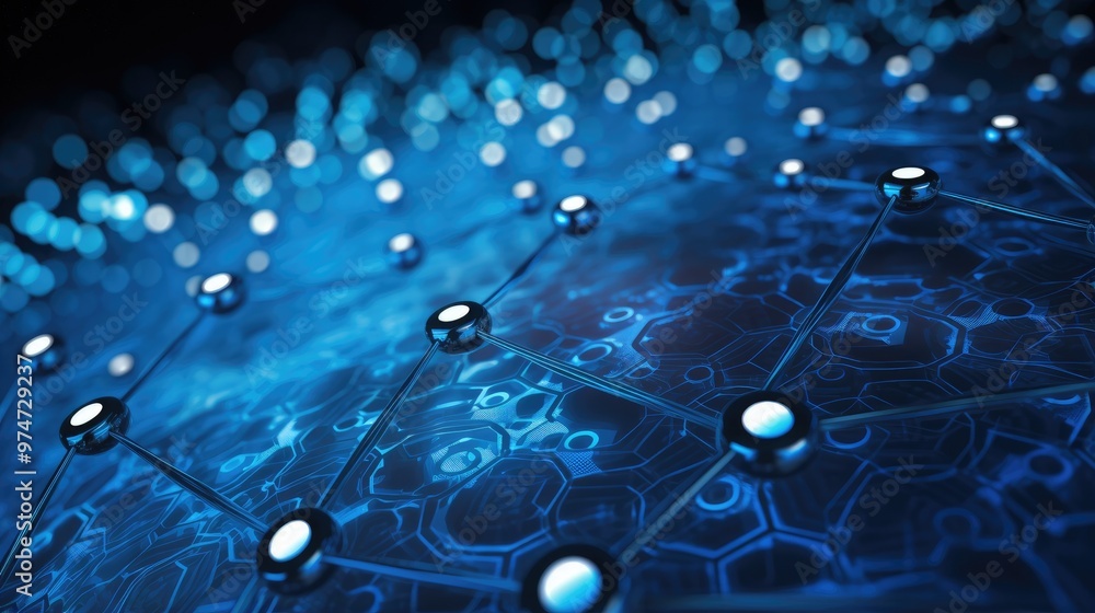 Poster abstract blue background with glowing spheres and lines, creating a futuristic and technological fee