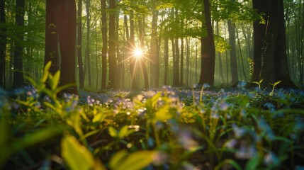 Sun through Beech Forest with Bluebells.