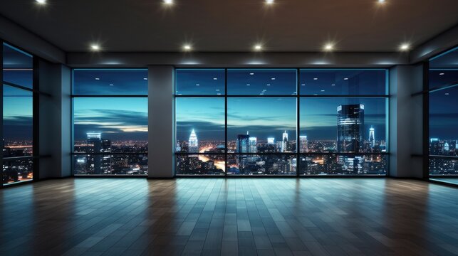 Fototapeta A panoramic view of a city skyline at night, seen from a large window in a modern building.
