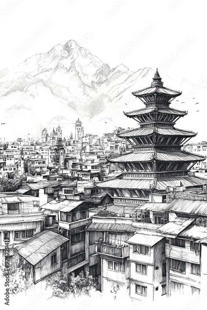 Wall mural Kathmandu, Nepal, black and white pen pencil hand-drawn effect portrait drawing illustration for travel poster, card, wallpaper, backdrop or banner. Modern, clear, artistic and simple