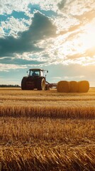 Obraz premium Golden Harvest: A Tractor Hauls Hay Bales Under a Warm Sunset Sky