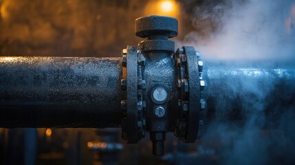 Fototapeta premium Pipes – Macro Shot of Steam Emitting from a Valve Pipe Offering a Gritty Industrial Feel