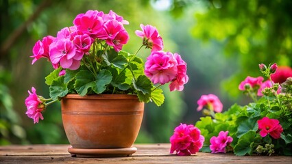 Vibrant pink geranium flowers spill over the edge of a rustic terra cotta pot, set against a soft, blurred background of lush green foliage.