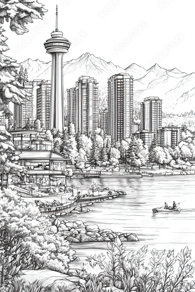 Wall mural kelowna, canada, black and white pen pencil hand-drawn effect portrait drawing illustration for trav