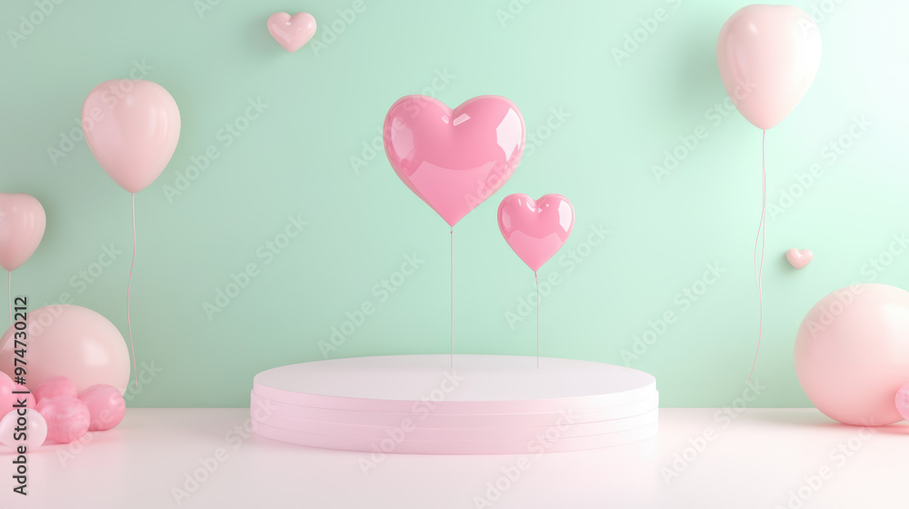 Wall mural pink heart balloons.