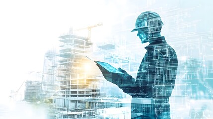 A digital collage of an engineer in a blue uniform and helmet, holding a blueprint with buildings and cranes behind him