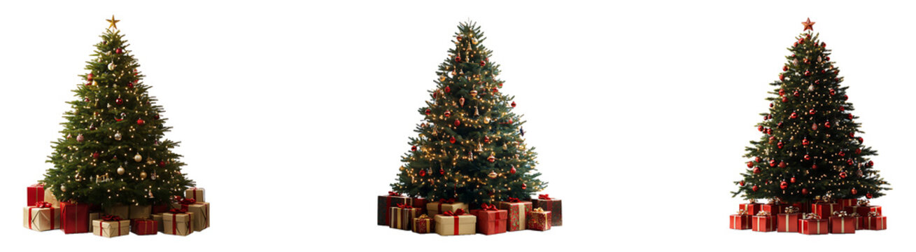Set, collection of Christmas tree with gift boxes isolated on transparent background.