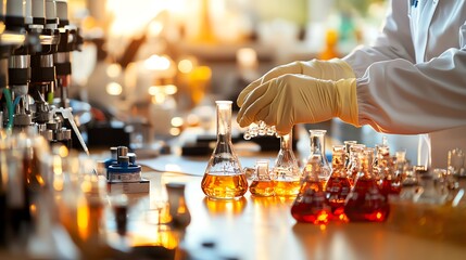 A scientist in a lab conducting experiments with glassware and colorful liquids, showcasing the essence of chemistry and research.