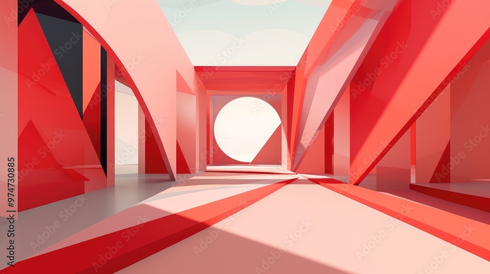 Poster abstract geometric shapes in red and pink tones create a modern and minimalist design.