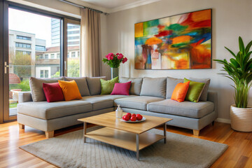 Inviting Modern Living Space with Natural Light, Colorful Cushions, and Elegant Decor. Showcasing a Comfortable Sofa, Artistic Wall Art, and Lush Greenery for a Fresh Look  