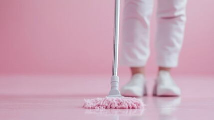 A scene featuring a person cleaning a shiny pink floor with a mop, their white shoes and legs visible, portraying cleanliness, purity, and attentiveness to details in a modern setting.