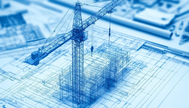 Photography of a detailed 3d blueprint showcasing building construction with a crane in action