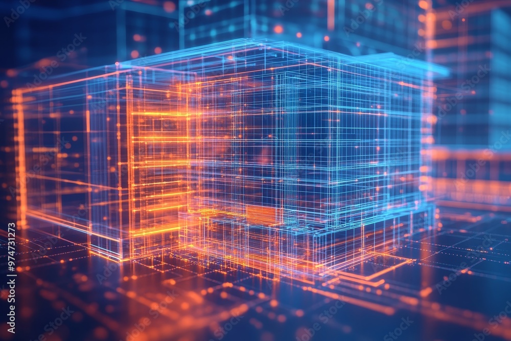 Poster digital blueprint of an office building with holographic elements and innovative design technology