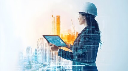 A digital collage of an engineer in a blue uniform and helmet, holding a blueprint with buildings and cranes behind him