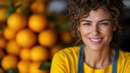 A cheerful woman wearing a yellow shirt and gray apron stands smiling in front of a large stack of vibrant oranges, radiating positivity and warmth.