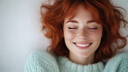 A serene woman with vibrant red hair and freckles smiles with her eyes closed, donning a light green sweater, in a moment of peace and quiet.