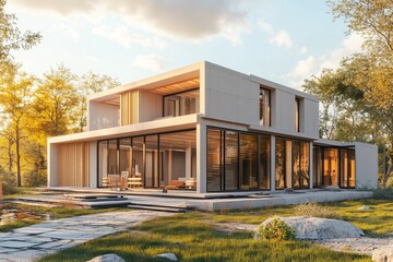 3d illustration of modern modular house construction with composite sip panels process