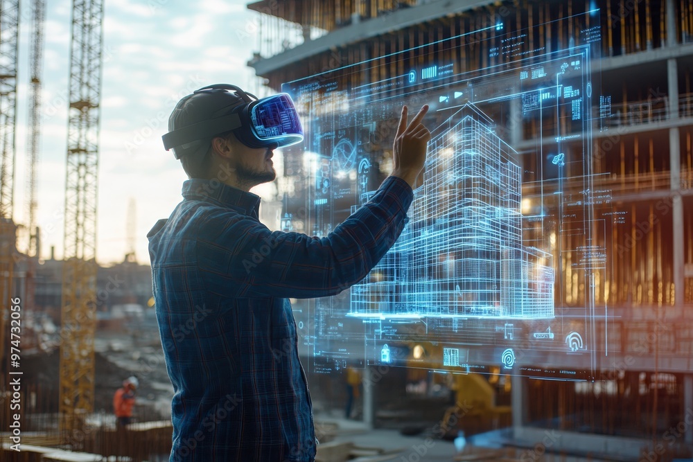 Poster futuristic architect with ar headset creating 3d building models at active construction site
