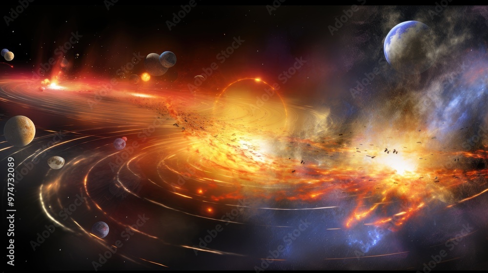 Wall mural a vibrant and dramatic depiction of a celestial collision, with planets and stars colliding in a fie