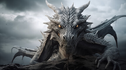 Fototapeta premium Intimidating dragon with glowing eyes crawling over a rocky surface beneath a stormy sky