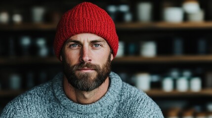 A calm bearded man in a cozy gray sweater and red knit hat, looking directly at the camera with a serene and thoughtful expression, surrounded by blurred jars.