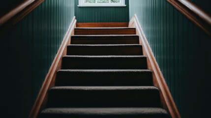 This image captures dark wooden stairs leading up to a sun-drenched window, offering a perspective that highlights the contrast between the dark and the light.