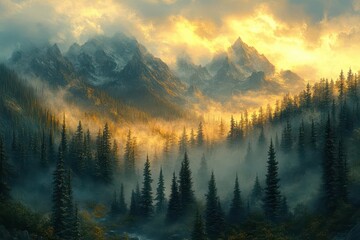 Obraz premium misty mountain landscape at dawn towering evergreens emerging from swirling fog ethereal golden light filtering through photorealistic digital artwork