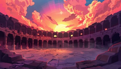 Ancient Roman Coliseum. Historic Arena. Gladiator Arena. Rundown Coliseum in the Desert. Cartoon 2d game illustration background.