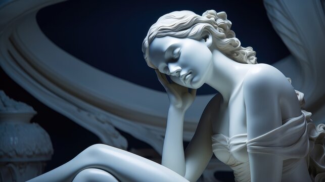 A beautiful white marble statue of a woman with flowing hair, her head resting on her hand, evokes a sense of tranquility and contemplation.