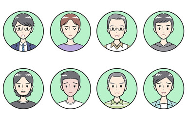 様々な年代の大人男性　ネガティブな表情　丸いアイコンセット　グリーン