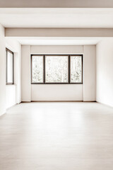 Empty room interiors in warm tones with a mix of natural window lighting and shadows. Minimalist apartment interior