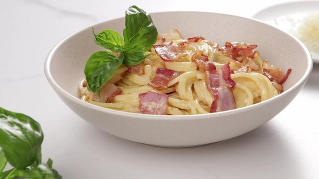 pasta carbonara pancetta in bowl food on light surface