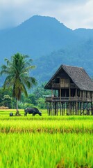 Tranquil Thai Landscape: A Traditional House on Stilts Stands Tall Amidst Lush Rice Paddy Fields