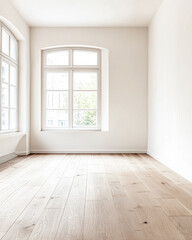 Empty room interiors in warm tones with a mix of natural window lighting and shadows. Minimalist apartment interior