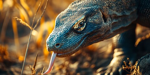 Close-up of Komodo dragon's head and tongue.