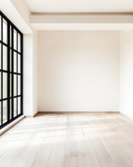 Empty room interiors in warm tones with a mix of natural window lighting and shadows. Minimalist apartment interior
