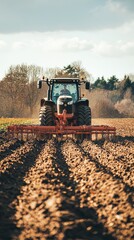 Fototapeta premium A Powerful Tractor Tills the Earth, Ready for New Life, Under a Cloudy Sky.