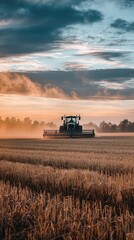 Fototapeta premium A lone tractor cuts through a field of golden stubble, the sun setting in a sky of layered clouds. A symphony of nature's artistry.