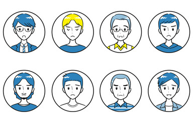 様々な年代の大人男性　ネガティブな表情　丸いアイコンセット　シンプル