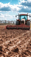 Fototapeta premium A Powerful Red Tractor Prepares the Land with Disc Harrows, Under a Sky of Puffy Clouds, Ready for New Life to Emerge.