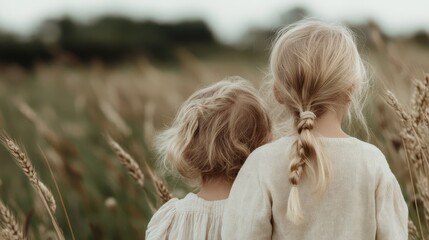 Two young children with blonde hair, dressed in light clothing, seen from the back as they observe a spacious wheat field at sunset, symbolizing innocence and simplicity.