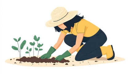 Woman Planting Young Plants in Garden