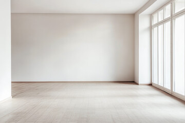 Fototapeta premium Empty room interiors in warm tones with a mix of natural window lighting and shadows. Minimalist apartment interior